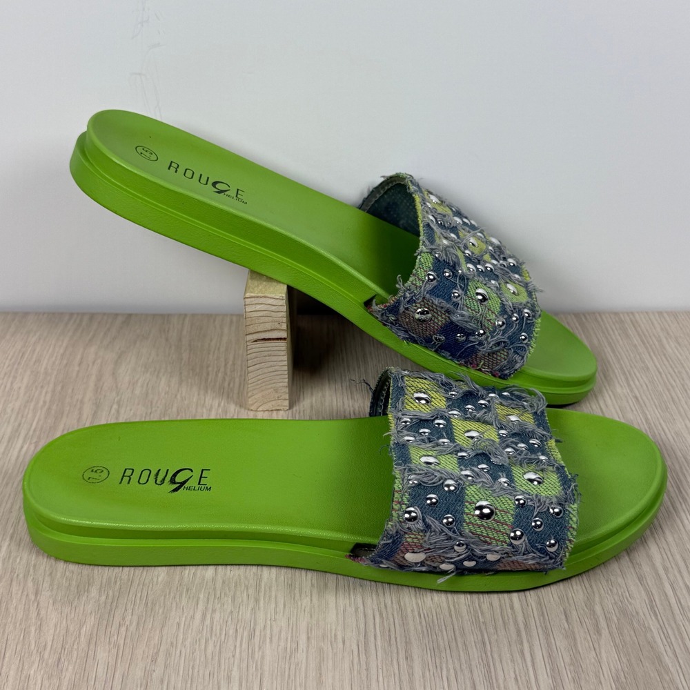 Rouge Helium Women Lime Green Studded Distressed Denim Checkered Slides Size 7.5
